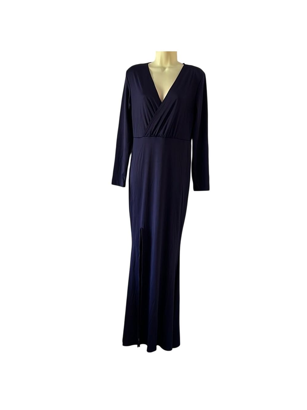 Navy Blue Purple Long Sleeve Gown with Cross V-Neck Extra Long Slit Bodycon